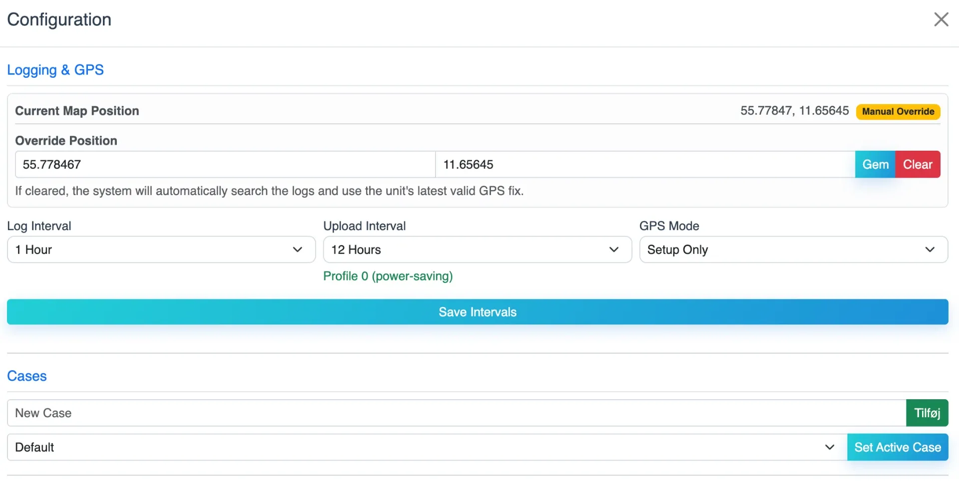 Configuration panel for logging intervals, GPS position and monitoring cases.